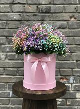 Цветочная композиция из Гипсофила и Розы в шляпной коробке в Комгарон