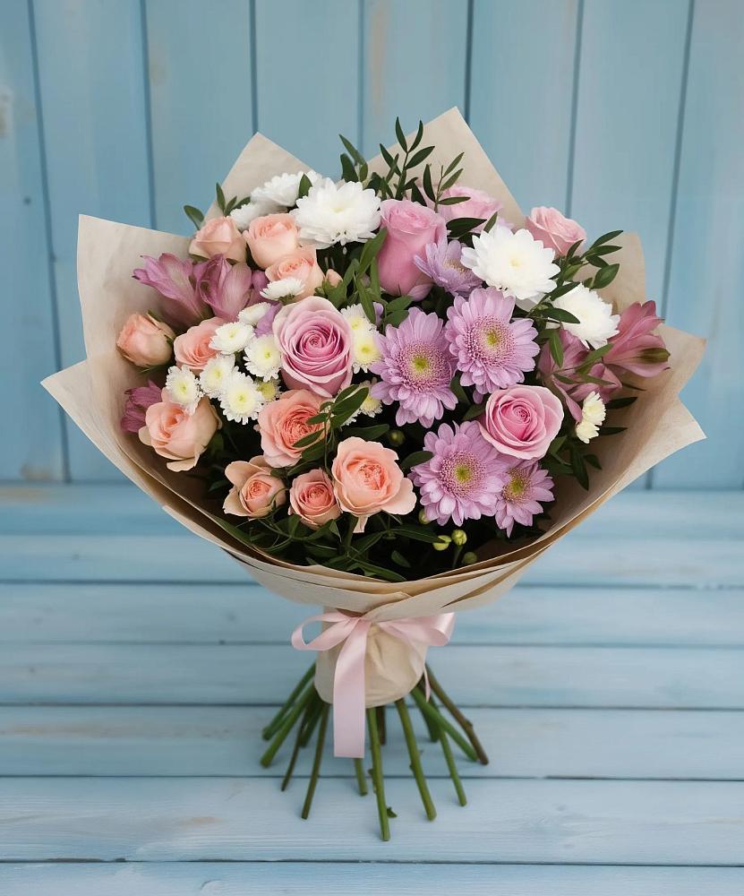 Букет цветов из: Хризантемы, Розы и Альстромерии в Комгарон