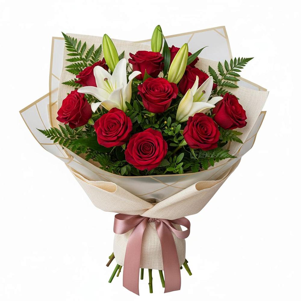 Букет цветов из: Лилии и Розы в Комгарон