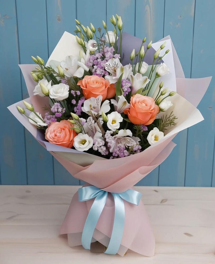 Букет цветов из: Лизиантусы, Розы, Альстромерии и Гипсофила в Комгарон