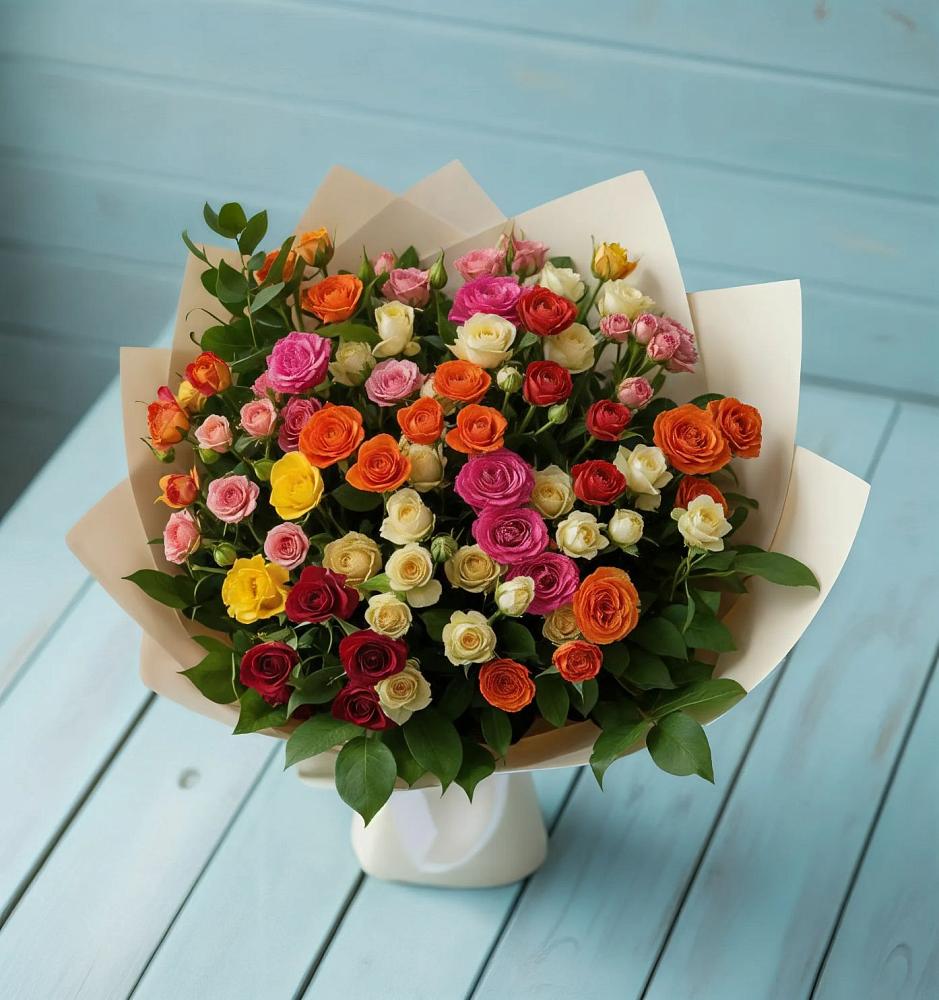 Букет Микс из разноцветных кустовых роз в Комгарон