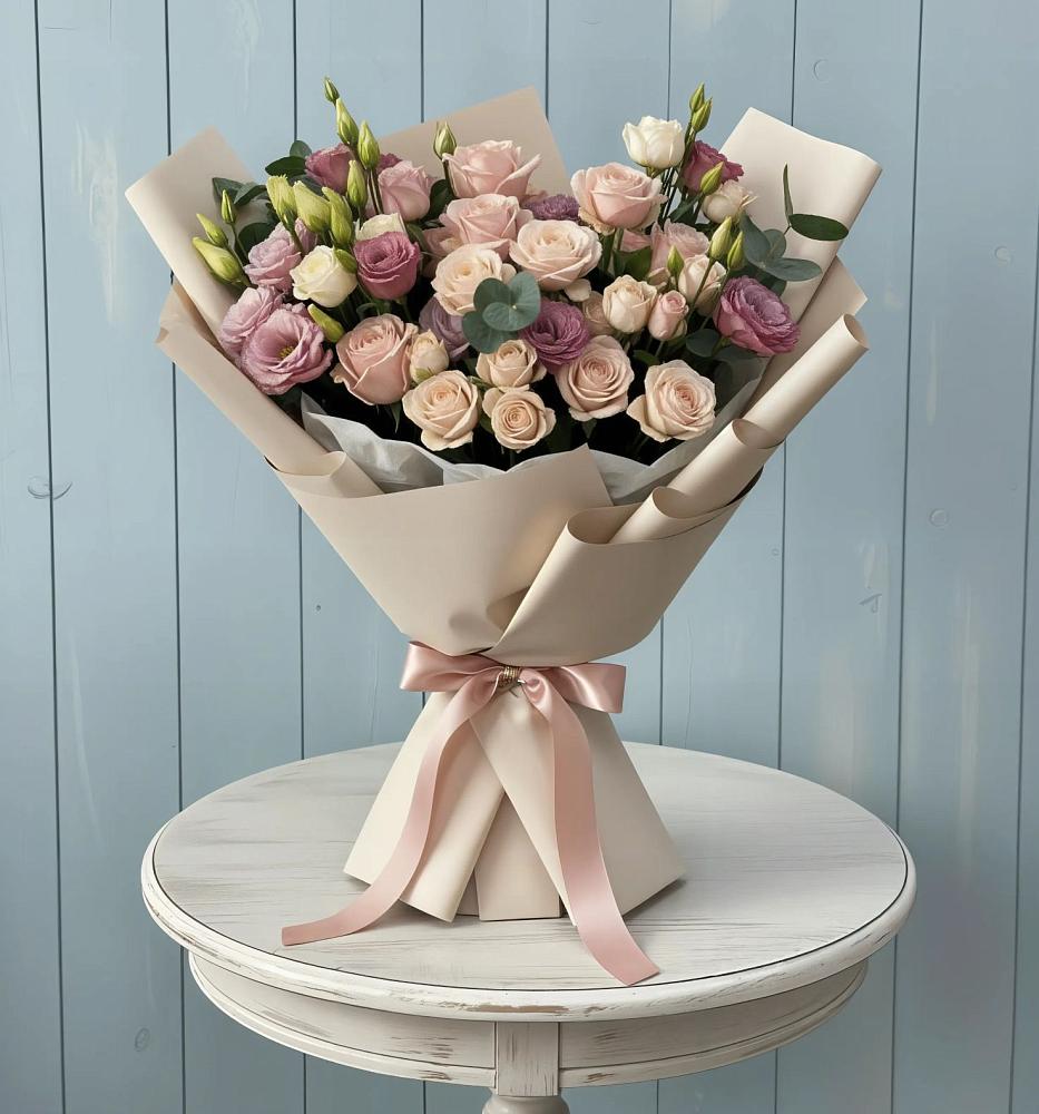 Букет цветов из: Розы и Лизиантусы в Комгарон