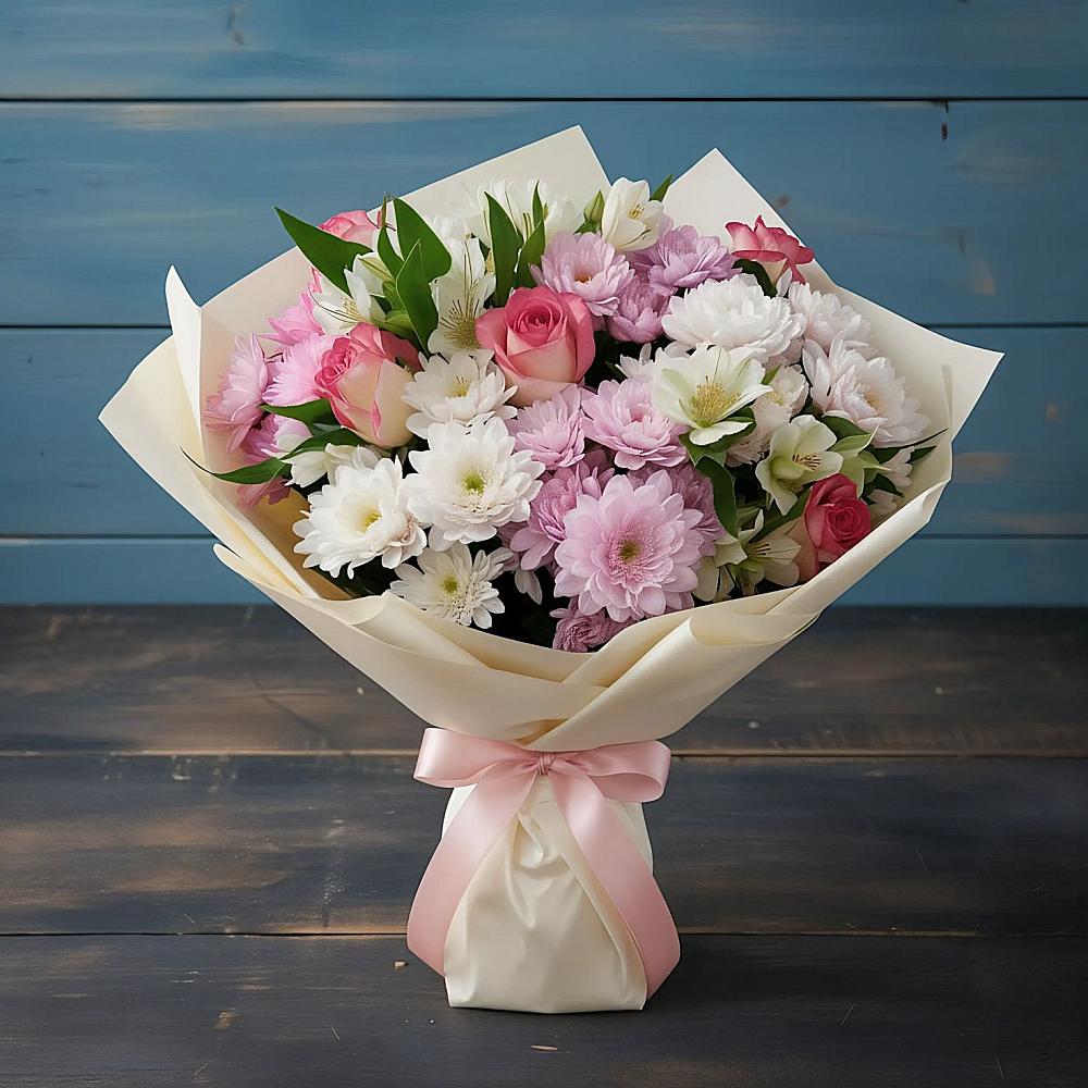 Букет цветов из: Хризантемы, Альстромерии и Розы в Комгарон